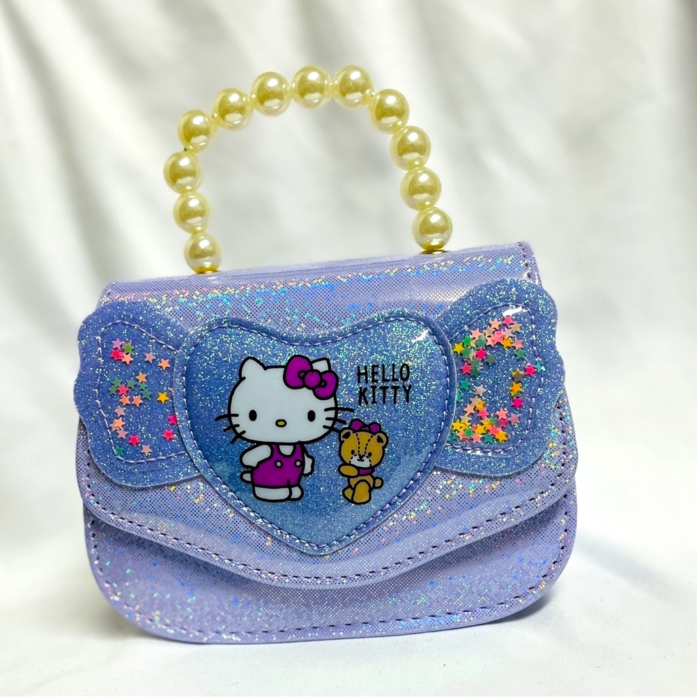 Hello Kitty Purple Glitter Kids Bag, NIB, crossbody strap, cream bead handle, - Picture 6 of 11
